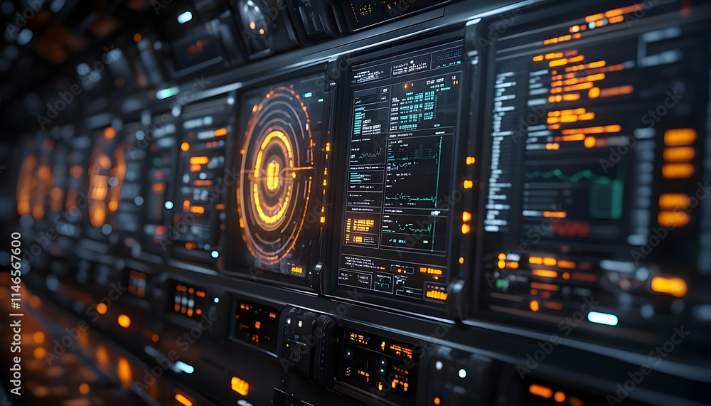 Poster a futuristic control panel with glowing screens displaying data and analytics.