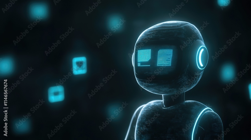 Poster a futuristic robot with glowing features stands against a dark background filled with digital icons,