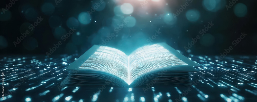 Poster a glowing open book emits digital symbols, surrounded by shimmering particles, symbolizing knowledge