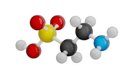 Molecule of Taurine. Molecular formula: C2H7NO3S. Chemical model: Ball and Stick. Isolated. Transparent background. PNG transparent. 3D illustration.