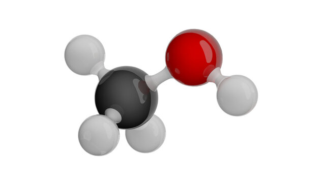 Molecule of Methanol. Molecular formula: CH4O. Chemical model: Ball and Stick. Isolated. Transparent background. PNG transparent. 3D illustration