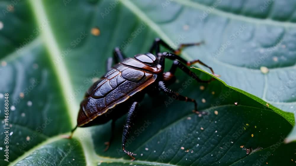 Poster close encounter with a vibrant beetle on a lush green leaf in a tropical setting during daylight hou