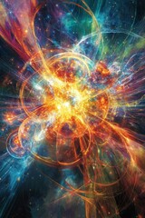 Fototapeta premium Cosmic explosion; vibrant, swirling nebula; fiery energy.