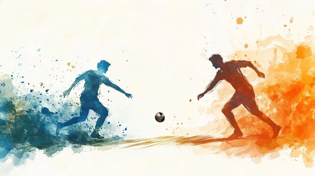Dynamic Watercolor Football Match: Two Silhouetted Soccer Players in Motion