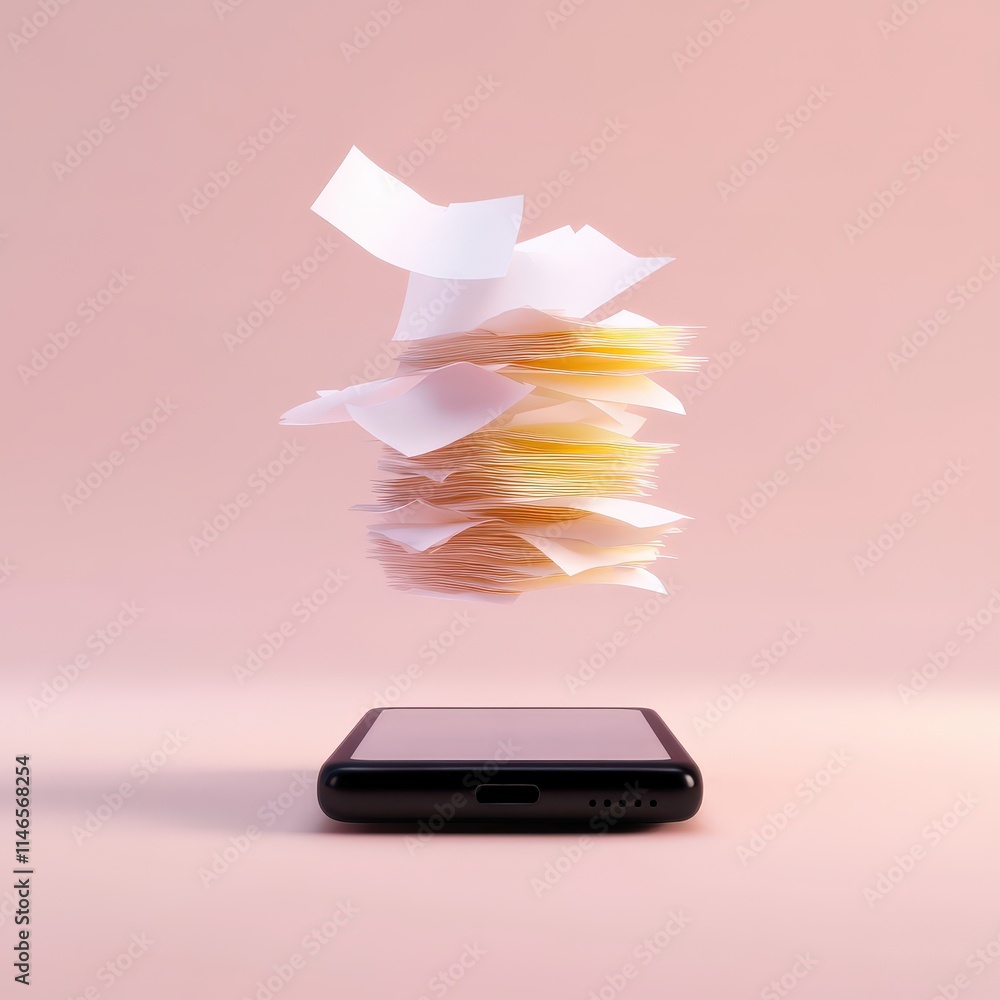 Poster a floating stack of papers hovers above a smartphone, symbolizing digital communication and the tran