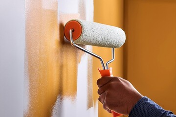 A close-up of a person using a paint roller to apply vibrant orange paint on a white wall, symbolizing home improvement, renovation, and interior painting projects.