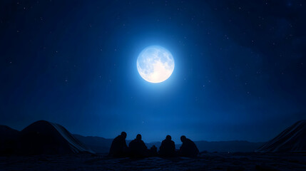 Silhouetted figures enjoy a tranquil night under a bright full moon in a serene landscape.
