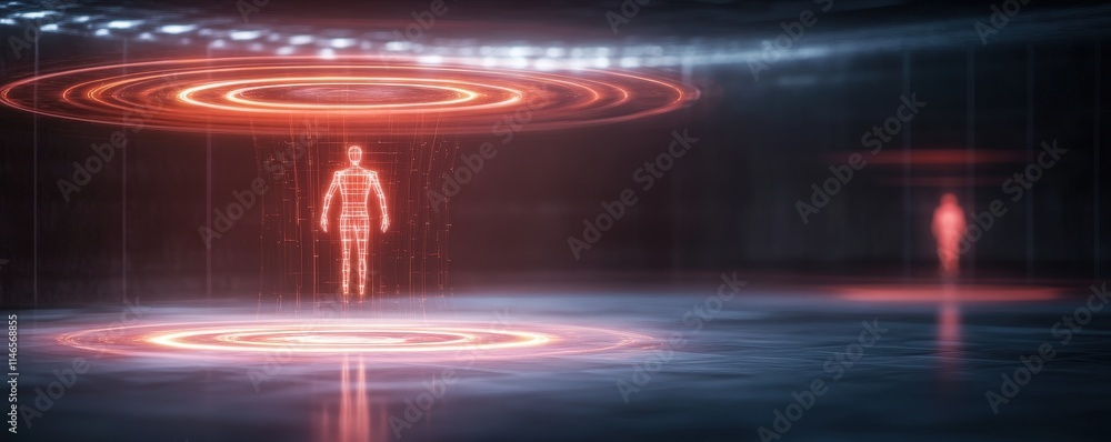 Poster a futuristic scene featuring a glowing holographic figure surrounded by circular light patterns in a