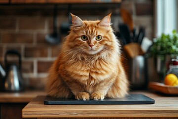 A fluffy orange cat sits on a kitchen countertop, surrounded by cooking tools and plants.