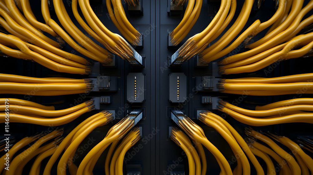 Poster close-up of yellow network cables organized in a server or data center setup.