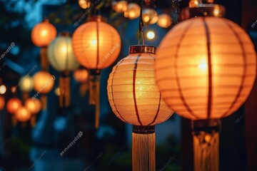 A collection of illuminated paper lanterns hanging in a serene outdoor setting.