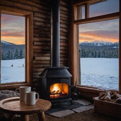 A cozy trivia evening by a warm fireplace in a log cabin, with a mug of hot cider on the table and a snow-covered landscape visible through the window.