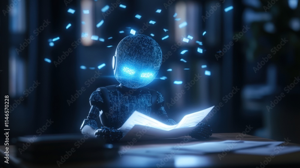Poster a futuristic robot reading in a dimly lit space, illuminated by glowing blue lights, surrounded by t