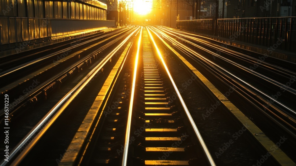 Aufkleber sunset illuminating railway tracks, creating a serene and reflective atmosphere.