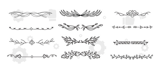 Hand drawn vintage floral borders, frames, dividers, corners with branches, flowers and leaves. Trendy greenery elements in line art style. Vector for label, corporate identity, wedding invitation