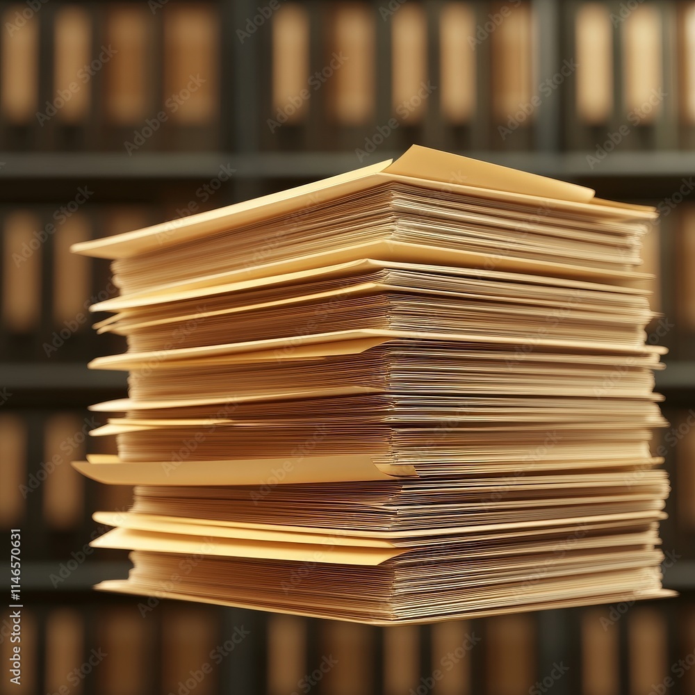 Poster a stack of neatly organized, tan-colored files appears to float against a backdrop of bookshelves, s