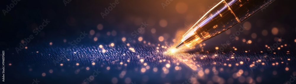 Poster a close-up view of a luxurious pen gliding over a sparkling surface, creating a sense of elegance an