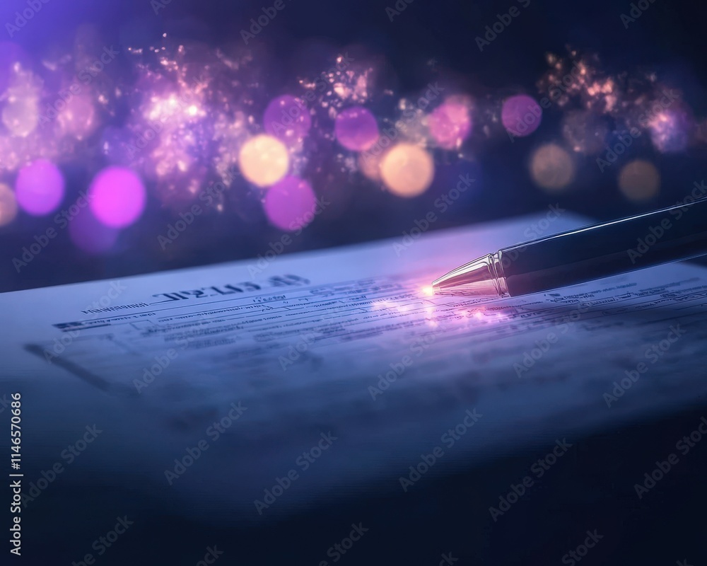 Aufkleber a close-up of a pen resting on a document, illuminated by colorful bokeh lights in the background, s
