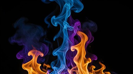 A mystical fire with purple and blue flames rising against a smoky black background