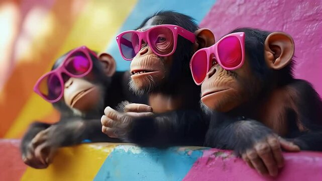 Adorable apes wear pink sunglasses