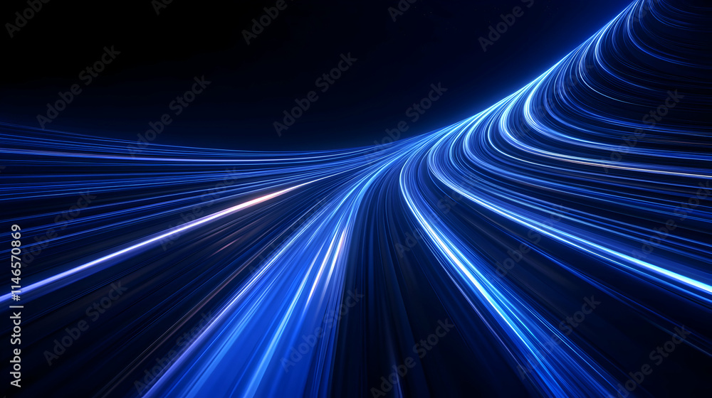 Poster dynamic blue light streaks creating a sense of speed and movement in a dark background.