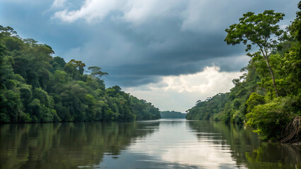 Obraz premium Explore the untouched beauty of the River, a tranquil waterway surrounded by lush green forests and dramatic skies, epitomizing the essence of Borneo's wilderness.
