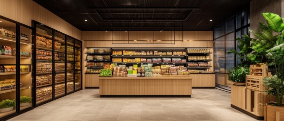 A modern grocery store interior showcasing various food products on wooden shelves.