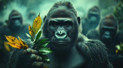 Obraz premium Powerful gorilla holding leaves, group in background.