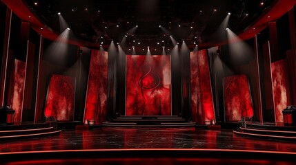 Luxury stage setup in deep red and black tones, with a sophisticated design ideal for premium occasions and performances.