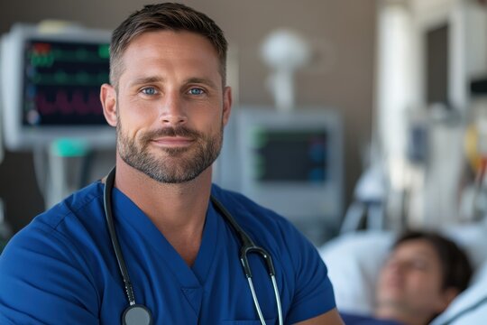 A skilled male nurse exudes confidence and compassion in a hospital setting, ready to provide care to patients while underscoring the importance of healthcare professionals.