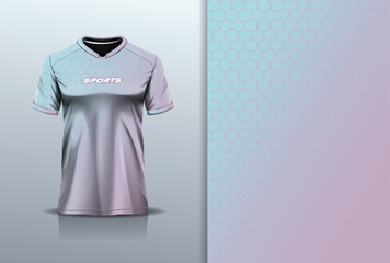 T-shirt mockup abstract hexagon sport jersey design for football, soccer, racing, esports, running, in pink green gradient pastel color 