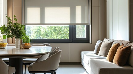 Obraz premium Contemporary living room featuring a stylish dining table beside a window and a plush sofa, with ample daylight.
