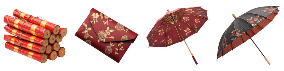 Chinese New Year clipart concept. Traditional red accessories including umbrellas and clutches against a black background. on Transparent background.