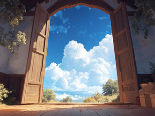 Open Wooden Doors Leading to a Sky Filled with Clouds