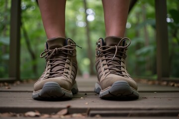Naklejka premium Adventure Awaiting: A Pair of Hiking Boots on a Rustic Wooden Bridge Surrounded by Lush Greenery in Nature's Embrace