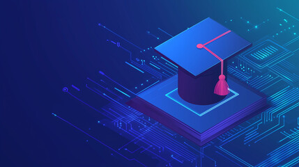 Graduation in the digital age, a black cap and diploma on a tech-themed electronic board.
