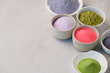 assortment of various powder matcha tea
