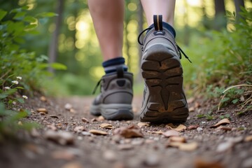 Close-Up of Hiking Shoes on a Rocky Trail Surrounded by Lush Greenery in a Peaceful Forest Setting, Ideal for Outdoor Adventure and Nature Lovers