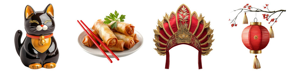 Chinese New Year clipart concept. A collection of Asian-themed items including a cat, food, a headdress, and a lantern. on Transparent background.