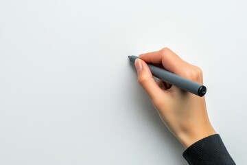 Hand Holding a Pen Ready to Write on Clean White Paper Surface, Ideal for Business, Education, or Creative Projects with a Minimalistic Style and Focus on Action