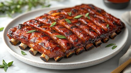 Delicious BBQ pork ribs on a plate, garnished with fresh herbs.