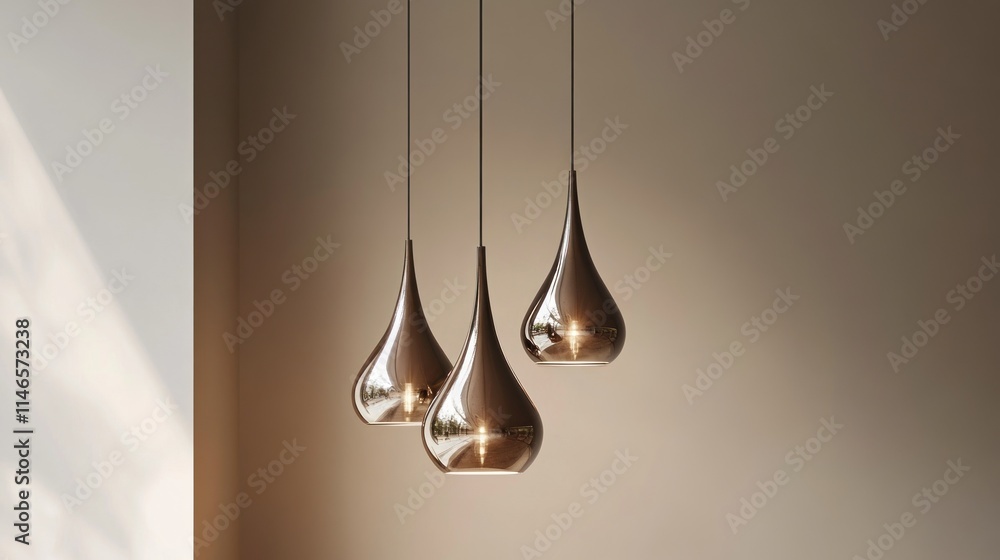 Poster three elegant pendant lights with a sleek, modern design illuminating a minimalist space.