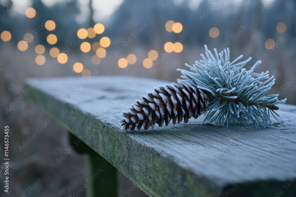 Poster frosty pine cone on weathered wood with blurred soft lights in background creating a serene winter s