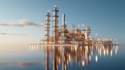 Obraz premium A modern oil refinery stands majestically over calm waters, reflecting golden lights under a clear blue sky.
