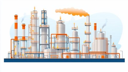 A colorful illustration of a large industrial refinery with pipes, smokestacks, and smoke emissions, representing energy production and manufacturing processes.