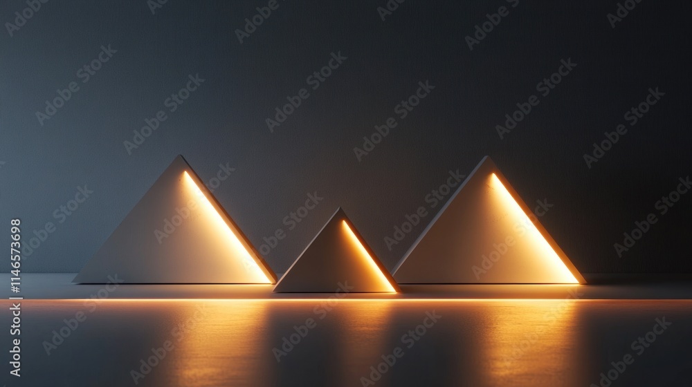 Aufkleber three illuminated pyramids create a modern, minimalist aesthetic in a dark setting.