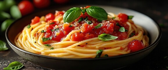 Delicious spaghetti with tomato sauce, basil, and parmesan cheese.