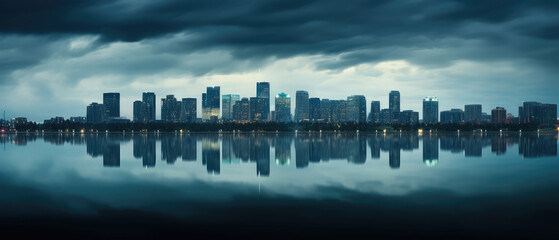 Obraz premium Serene Cityscape Reflection Under Stormy Skies