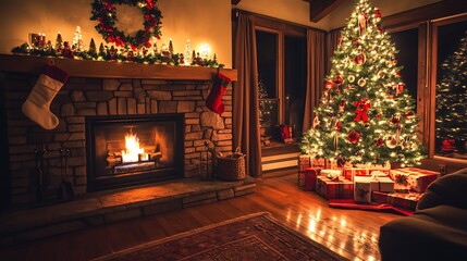 Holiday themed cozy living room glowing fireplace decorated Christmas tree elegant setup