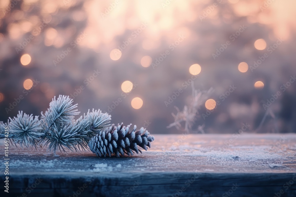 Poster winter scene with pine cone and frosty evergreen branches on wooden surface with soft blurred backgr